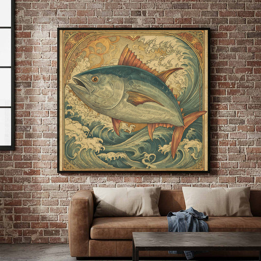 Vintage Tuna Fish Canvas Wall Art – canvas print shown framed in a styled room