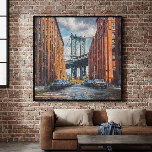 Manhattan Bridge DUMBO Brooklyn Canvas Art – canvas print shown framed in a styled room