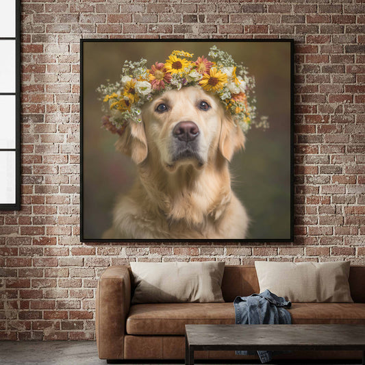 Golden Retriever Flower Crown Canvas Wall Art – canvas print shown framed in a styled room