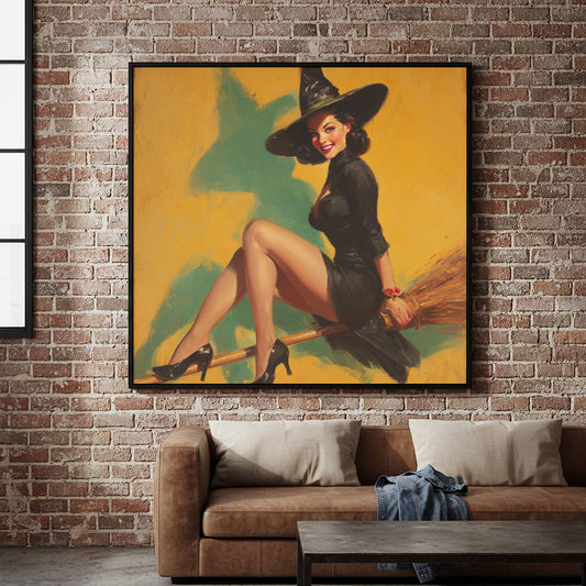 Retro Pin-Up Witch Canvas Art – canvas print shown framed in a styled room