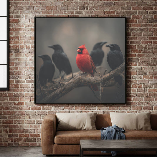 Red Cardinal Bird Canvas Print – canvas print shown framed in a styled room