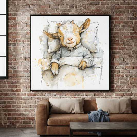 Baby Goat Nursery Wall Art – canvas print shown framed in a styled room
