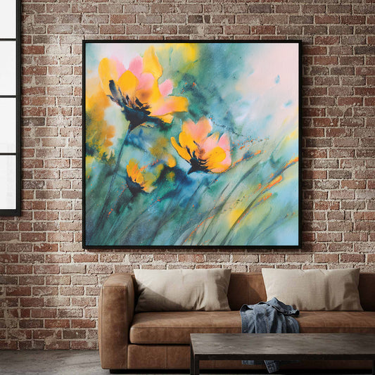 Abstract Floral Watercolor Canvas Wall Art – canvas print shown framed in a styled room