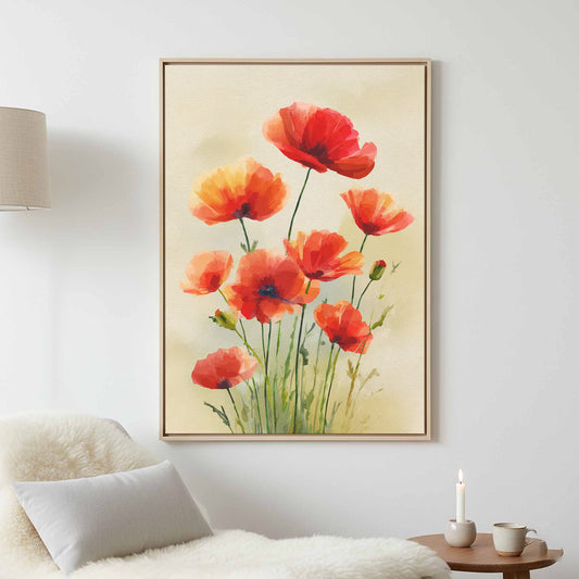 Red Poppy Watercolor Wall Art – canvas print shown framed in a styled room
