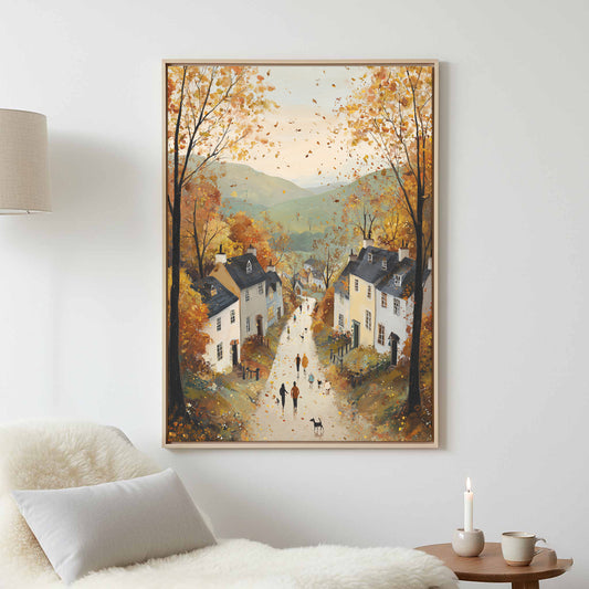 Autumn Village Canvas Print – canvas print shown framed in a styled room