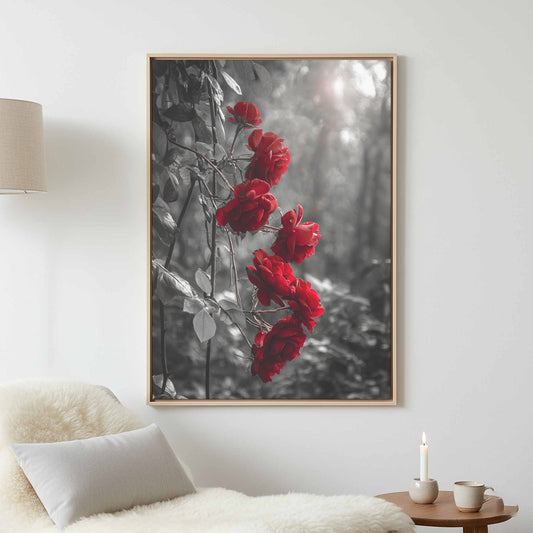 Red Roses Canvas Wall Art – canvas print shown framed in a styled room