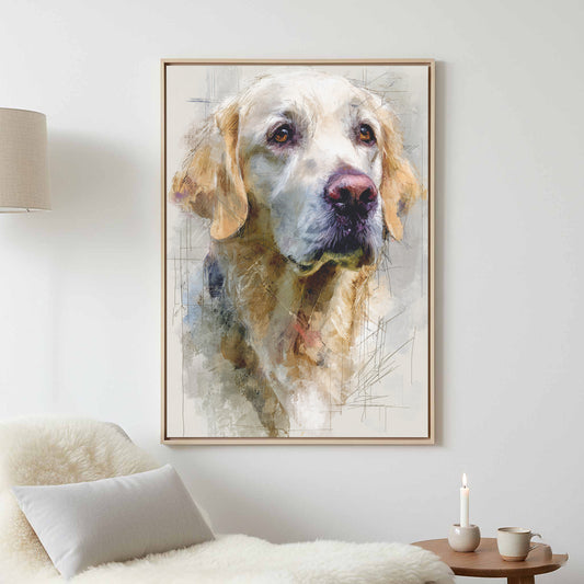 Golden Retriever Portrait Wall Art – canvas print shown framed in a styled room
