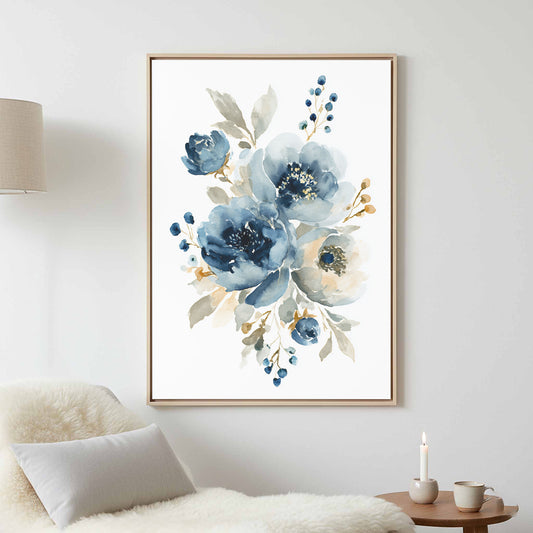 Blue Watercolor Floral Wall Art – canvas print shown framed in a styled room