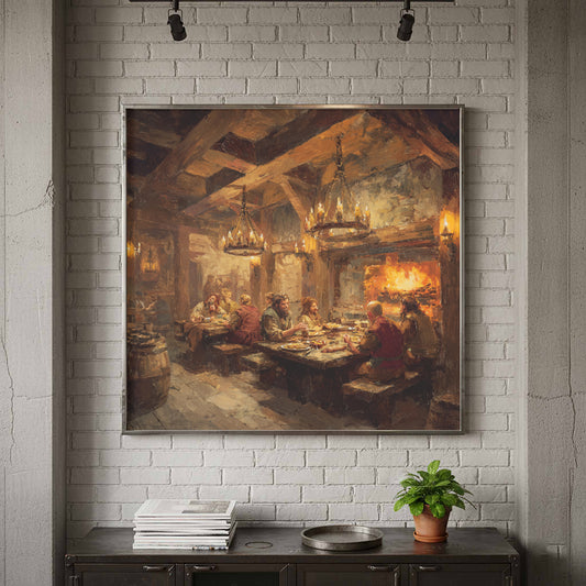 Medieval Tavern Canvas Print – canvas print shown framed in a styled room