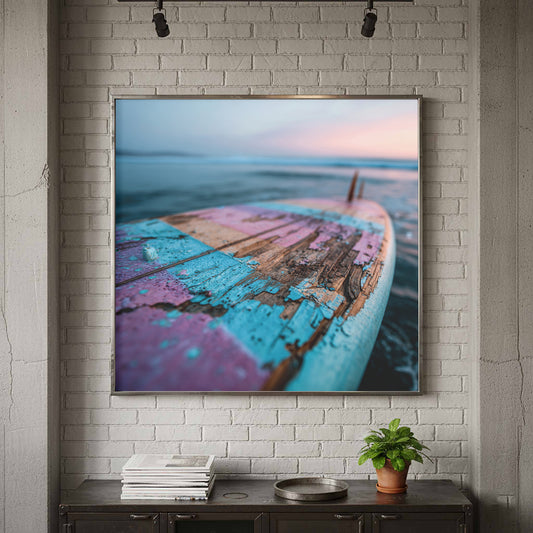 Vintage Surfboard Wall Art – canvas print shown framed in a styled room