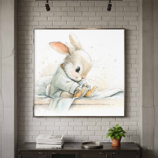 Young Rabbit Getting Dressed Canvas Print – canvas print shown framed in a styled room