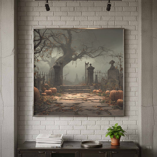 Halloween Graveyard Canvas Wall Art – canvas print shown framed in a styled room