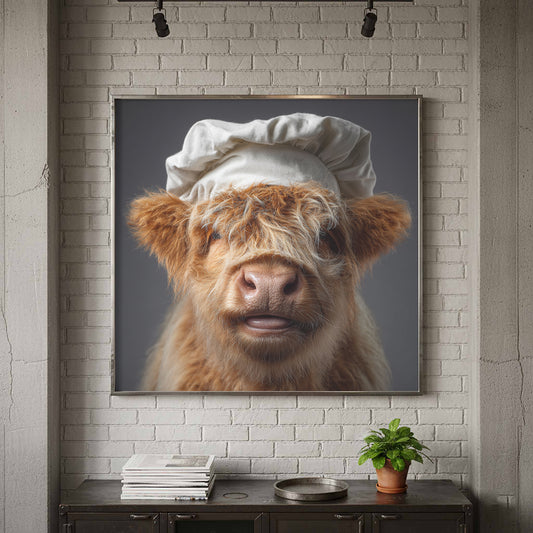 Highland Cow Chef Canvas Print – canvas print shown framed in a styled room