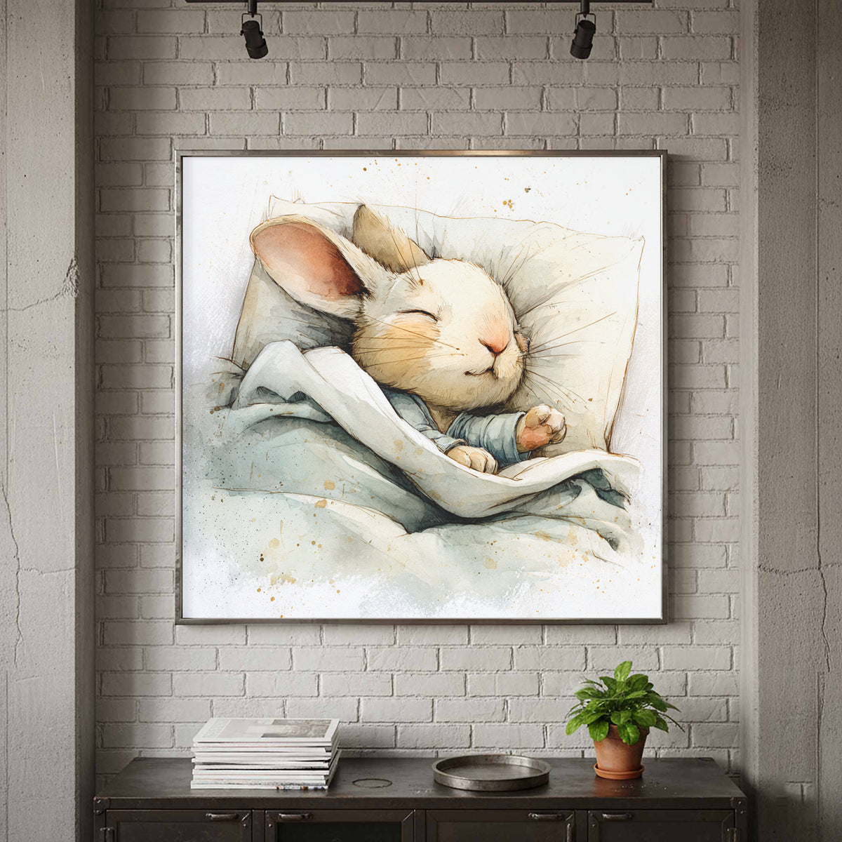 Sleeping Rabbit Canvas Print – canvas print shown framed in a styled room