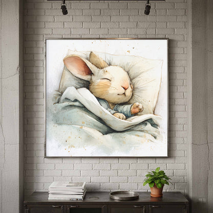 Sleeping Rabbit Canvas Print – canvas print shown framed in a styled room