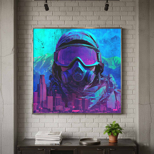 Cyberpunk Soldier Digital Art – canvas print shown framed in a styled room
