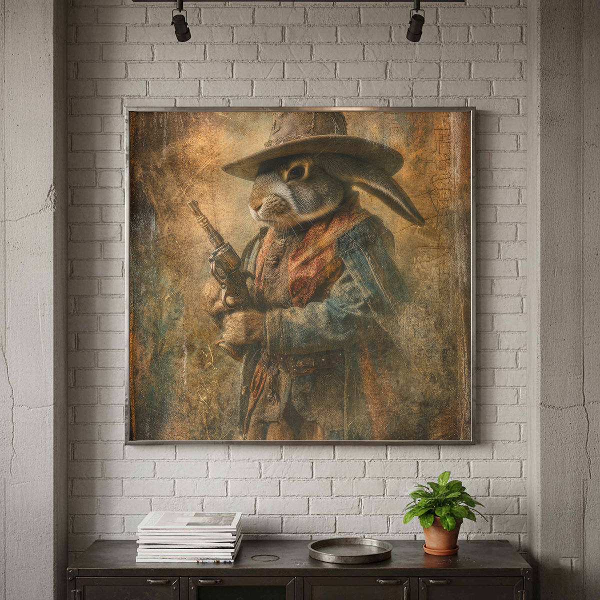 Western Cowboy Rabbit Canvas Wall Art – styled room view 2