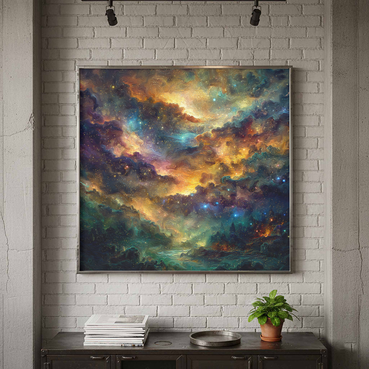 Cosmic Nebula Canvas Wall Art – canvas print shown framed in a styled room