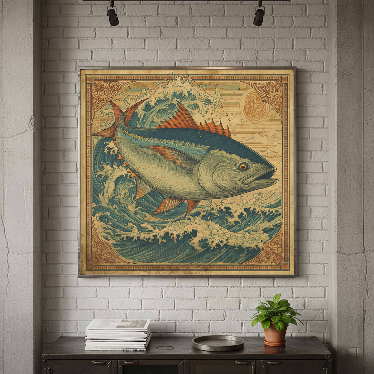 Vintage Tuna Ocean Wall Art – canvas print shown framed in a styled room