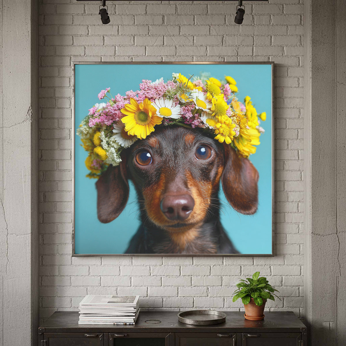 Dachshund Flower Crown Canvas Print – styled room view 2