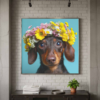 Dachshund Flower Crown Canvas Print – styled room view 2