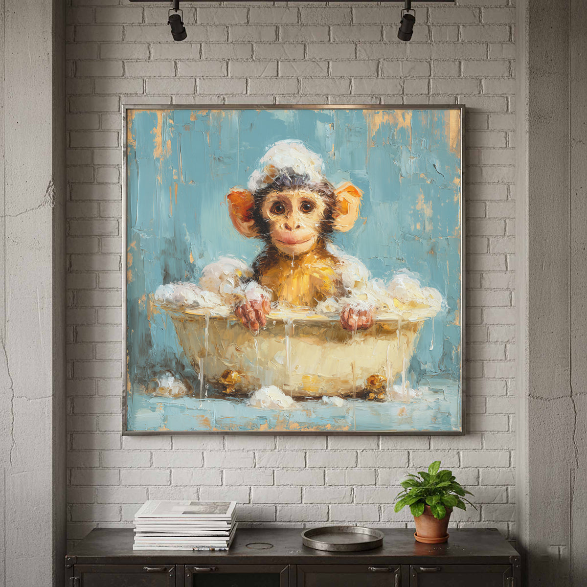 Young Monkey Bathtub Print – canvas print shown framed in a styled room