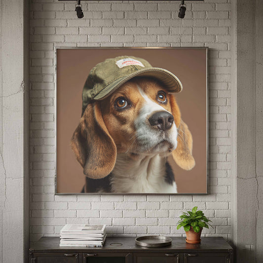 Beagle Baseball Cap Canvas Print – canvas print shown framed in a styled room