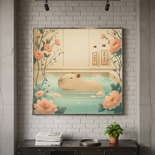 Capybara Bath Canvas Print – canvas print shown framed in a styled room