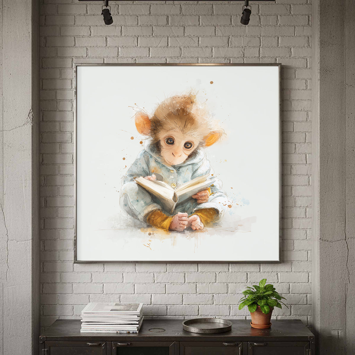 Baby Monkey Reading Wall Art – canvas print shown framed in a styled room