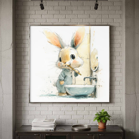 Cute Rabbit Bathroom Art – canvas print shown framed in a styled room