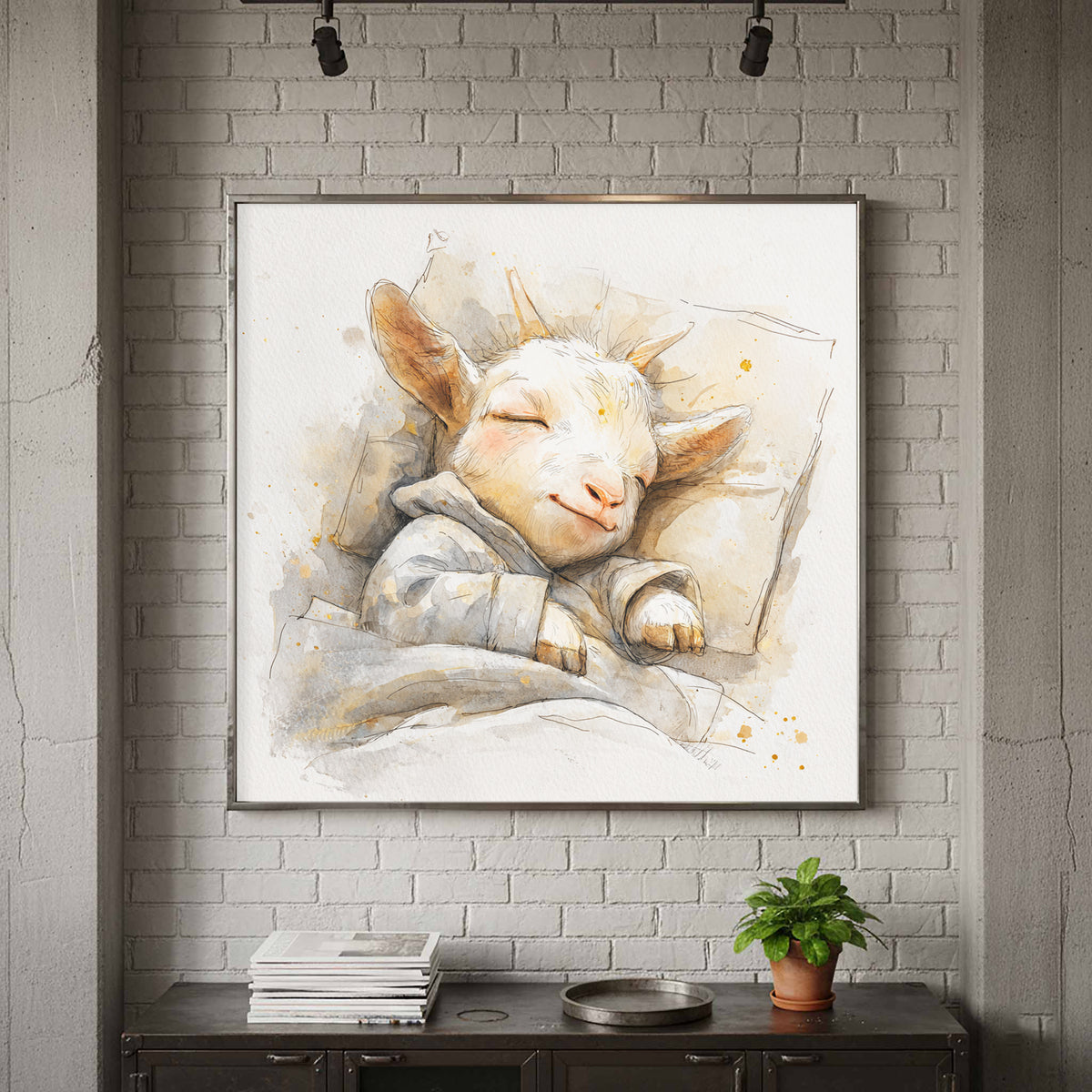 Sleeping Baby Goat Canvas Art – canvas print shown framed in a styled room