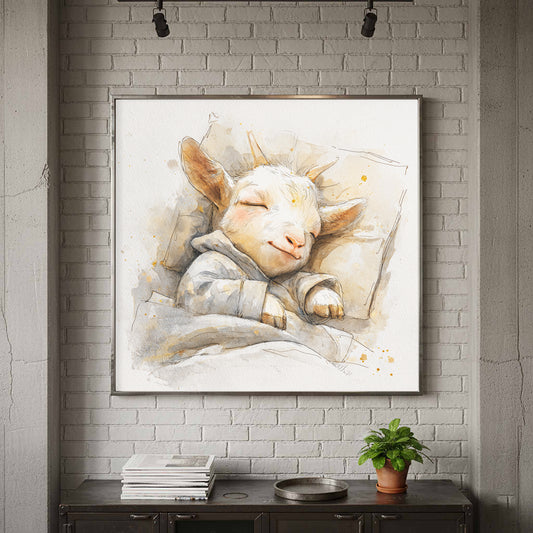 Sleeping Baby Goat Canvas Art – canvas print shown framed in a styled room