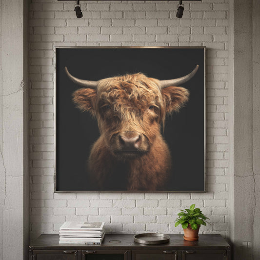 Highland Cow Canvas Wall Art – canvas print shown framed in a styled room