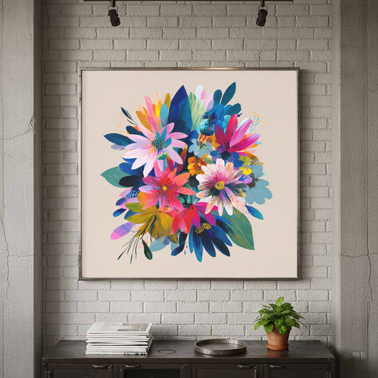 Abstract Colorful Floral Canvas Print – canvas print shown framed in a styled room