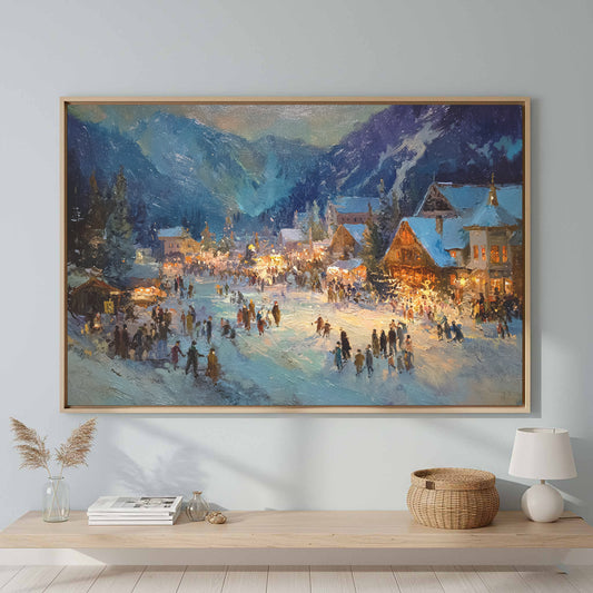 Alpine Christmas Village Canvas Print – canvas print shown framed in a styled room