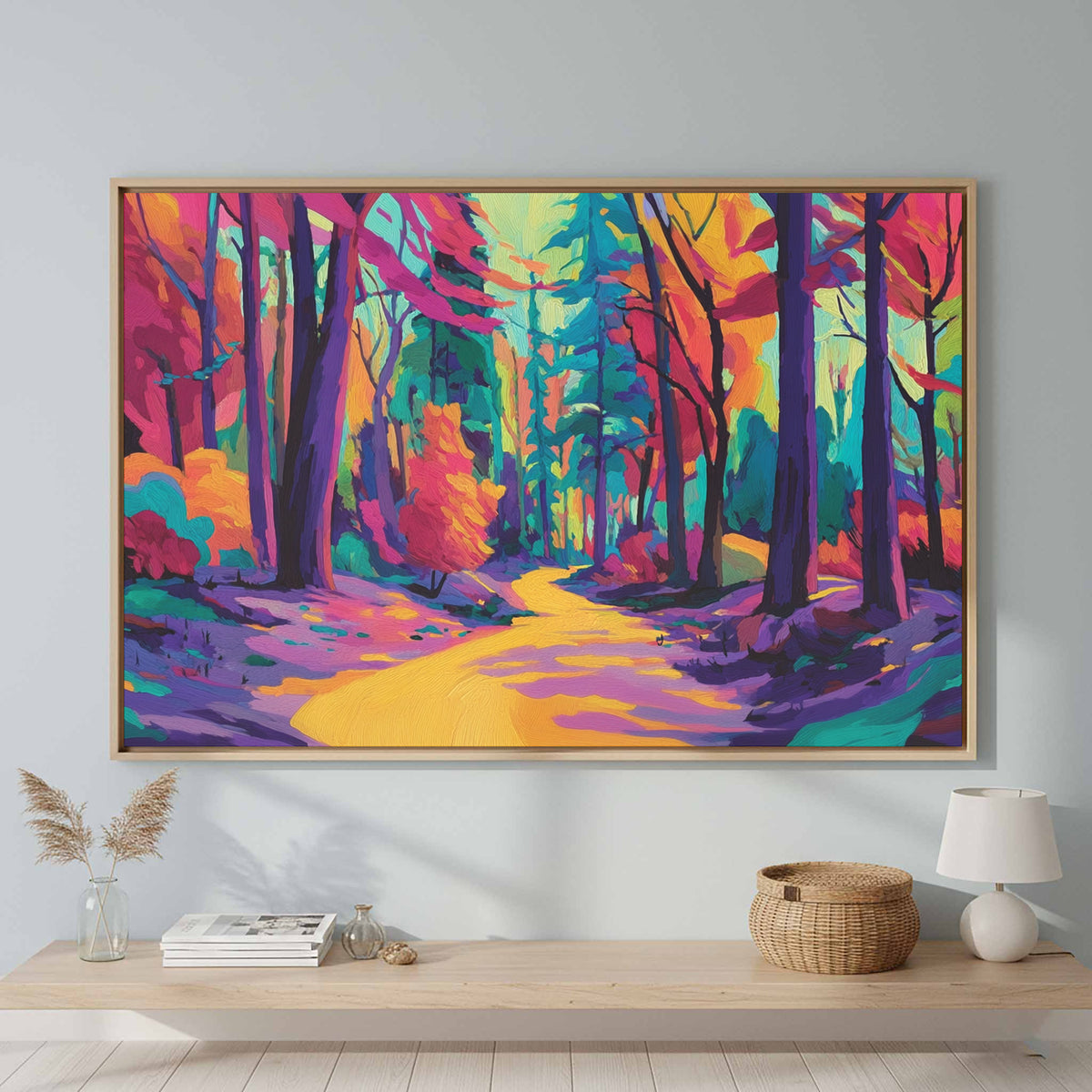 Colorful Forest Path Canvas Art – canvas print shown framed in a styled room
