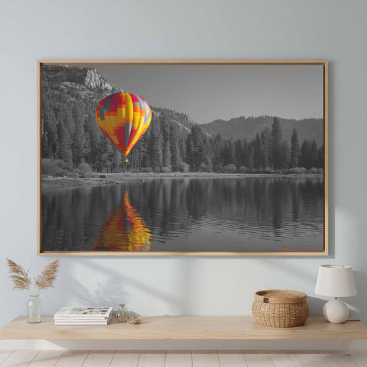 Color Splash Hot Air Balloon Canvas Print – canvas print shown framed in a styled room