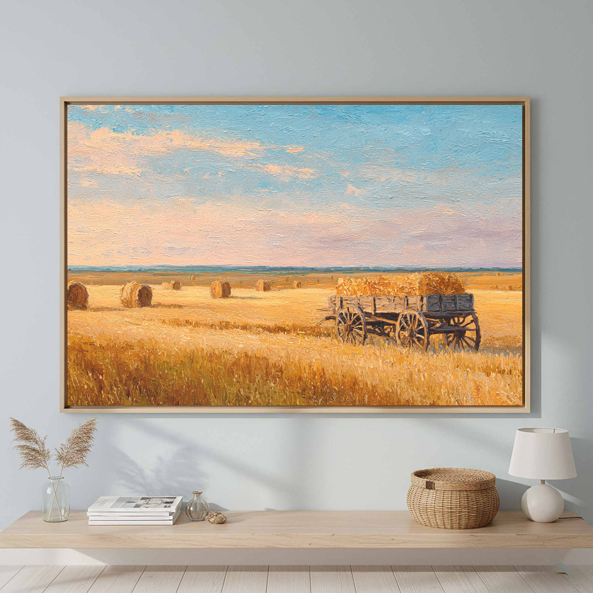 Harvest Wheat Field Canvas Art – canvas print shown framed in a styled room