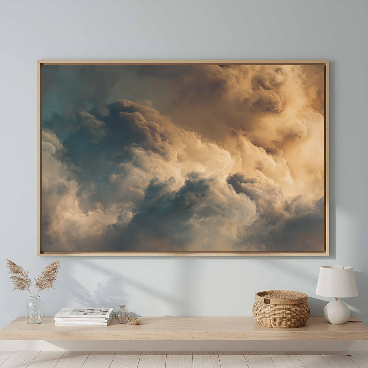Abstract Cloud Wall Art – canvas print shown framed in a styled room
