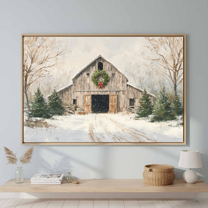 Christmas Barn Canvas Wall Art – canvas print shown framed in a styled room