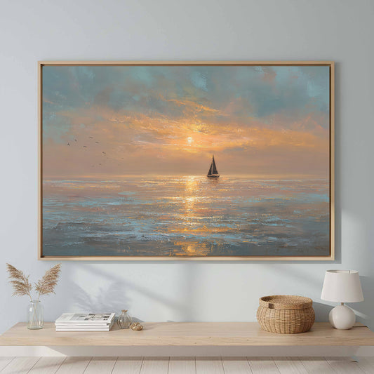 Sailboat Sunset Canvas Print – canvas print shown framed in a styled room