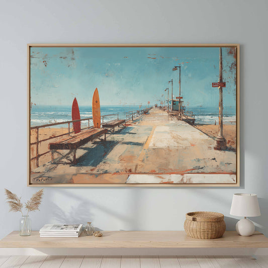 Coastal Boardwalk Oil Painting Print – canvas print shown framed in a styled room