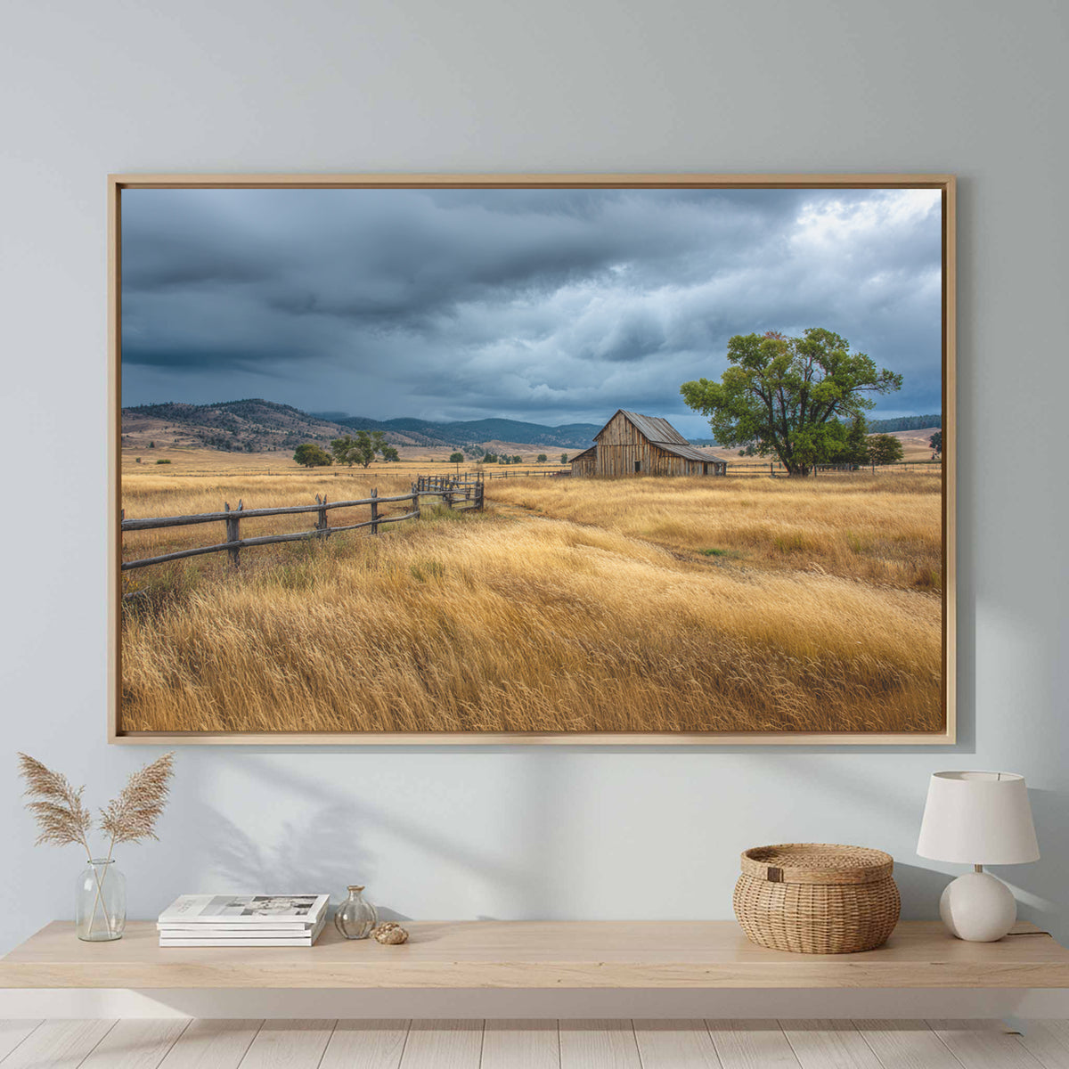 Rustic Barn Canvas Print – canvas print shown framed in a styled room