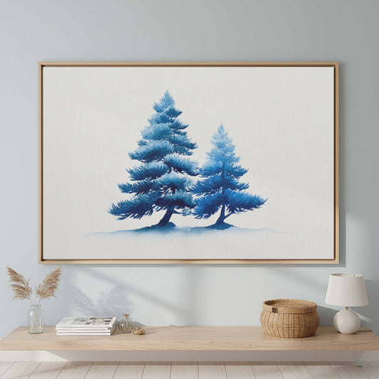Blue Pine Tree Watercolor Print – canvas print shown framed in a styled room