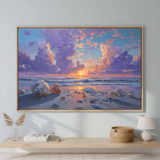 Seashell Oil Painting Canvas Art – canvas print shown framed in a styled room