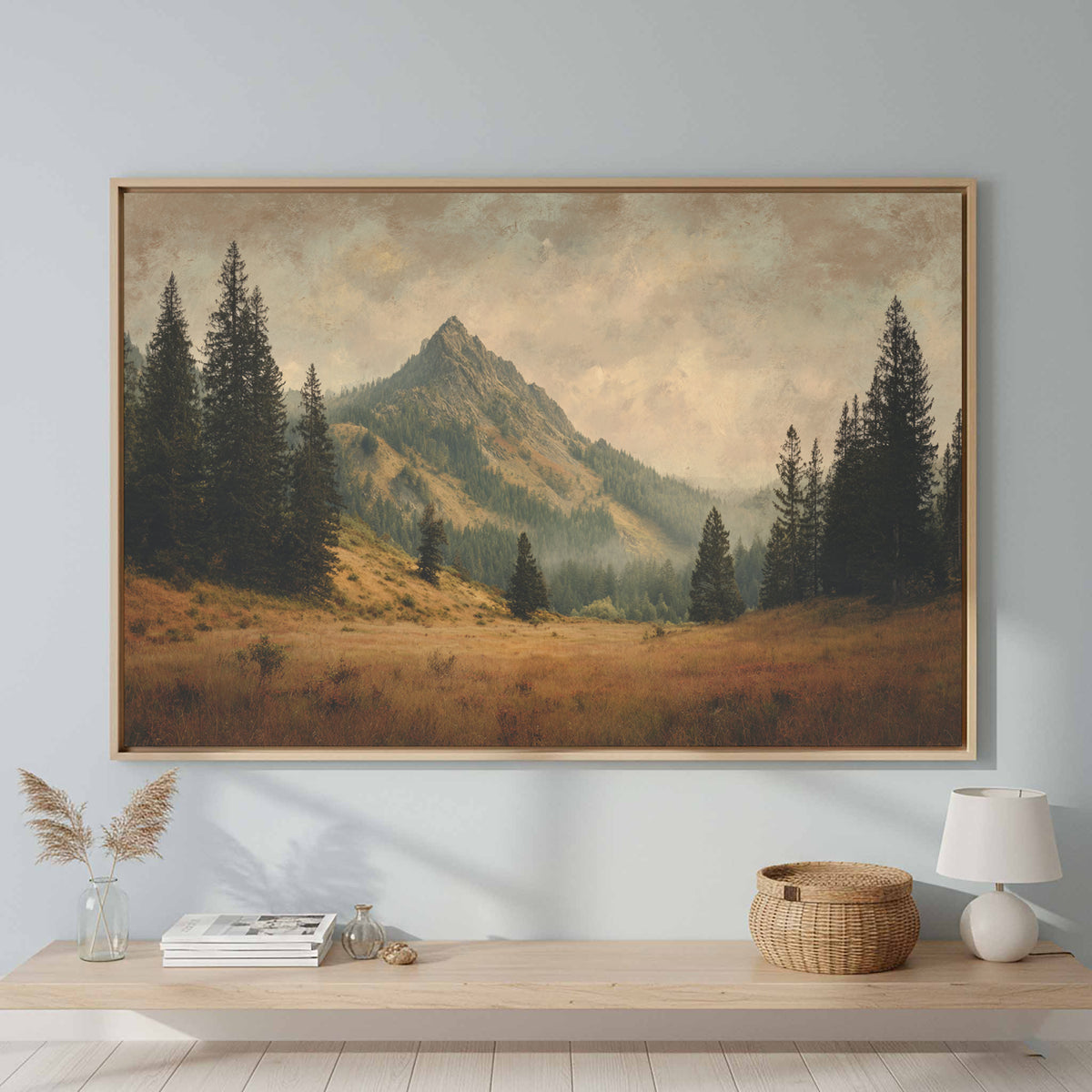Mountain Forest Canvas Wall Art – canvas print shown framed in a styled room
