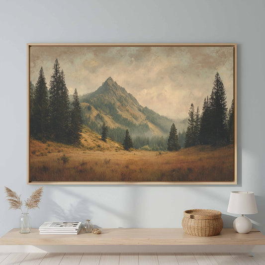 Mountain Forest Canvas Wall Art – canvas print shown framed in a styled room