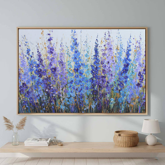 Blue Purple Flower Canvas Wall Art – canvas print shown framed in a styled room