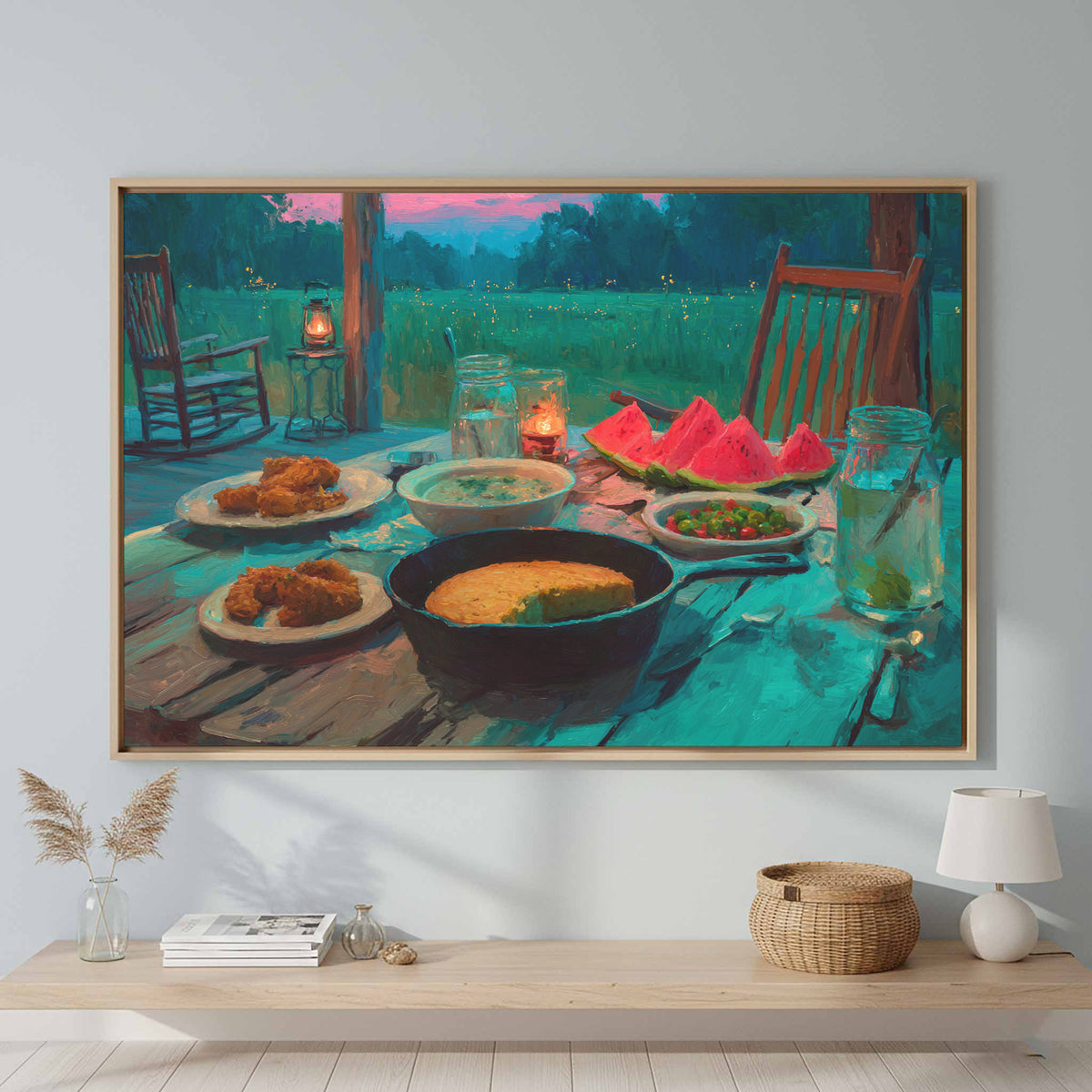 Impressionist Farmhouse Wall Art – canvas print shown framed in a styled room