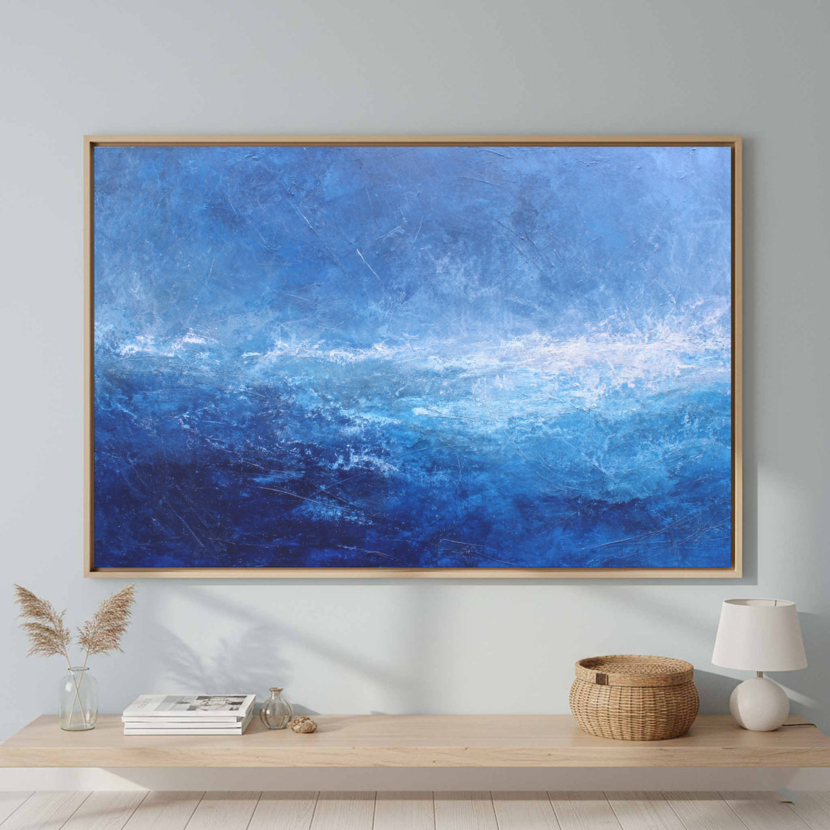 Abstract Ocean Canvas Print – canvas print shown framed in a styled room